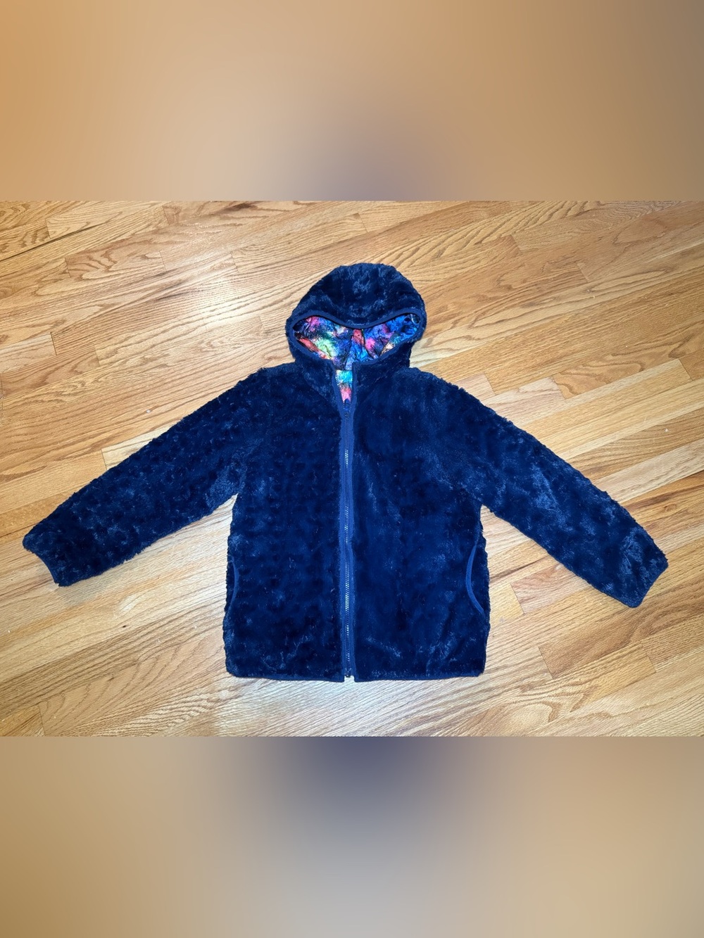 Lands' End Navy Plush Hooded Puffer with Colorful Lining